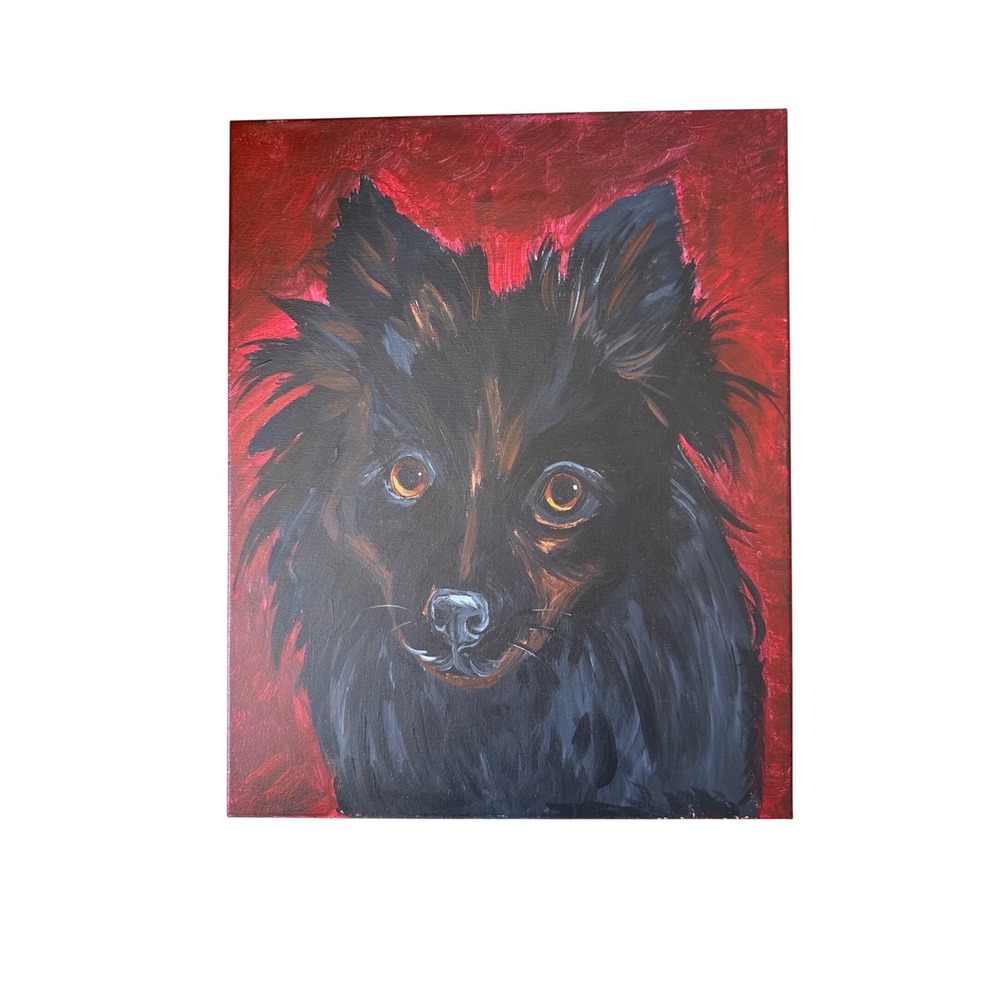 Original Dog Portrait Painting Black Pomeranian 16x20 Canvas Red Background Art